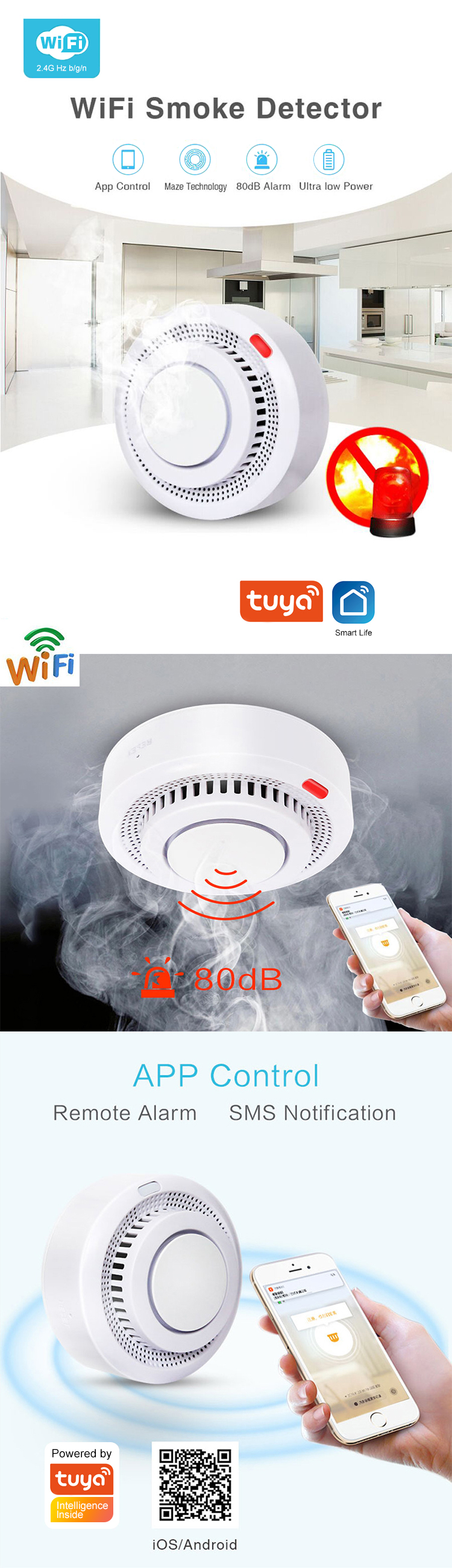 WIFI Smoke Detector Sensor 80DB Alarm Fire Protection Home