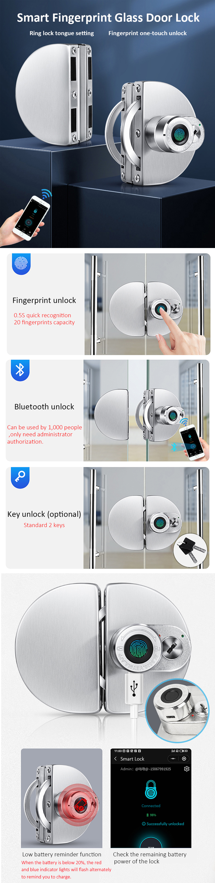 Smart fingerprint glass door lock
