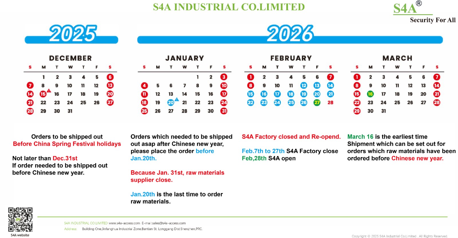 S4A 2026 Chinese Spring Festival Holiday Notice S4A 2026 Chinese Spring Festival Holiday Notice